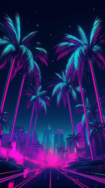 A neon city with palm trees and a neon neon sky generative ai