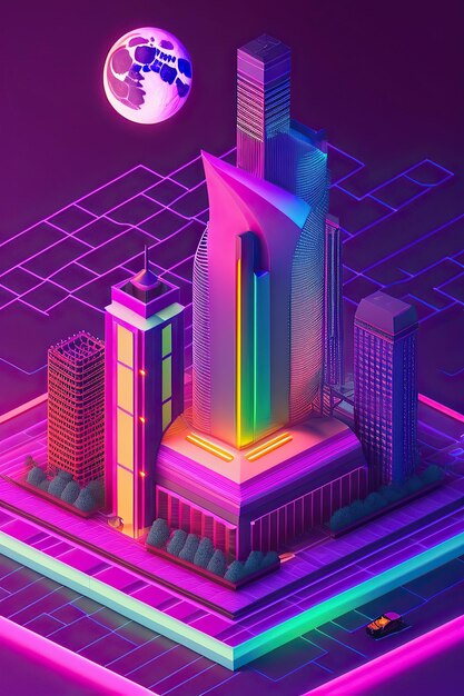 A neon city with a skyscraper in the middle.