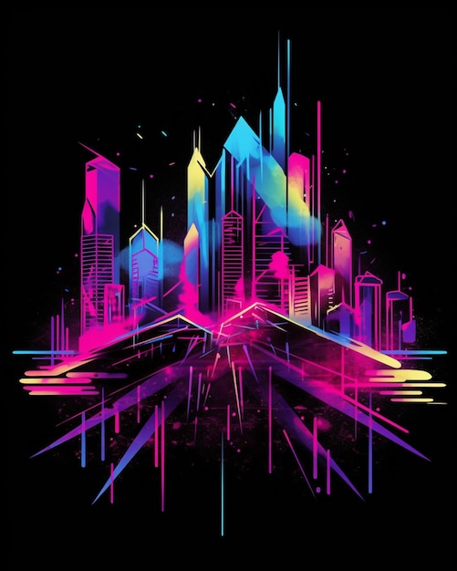 Photo a neon city with skyscrapers and a street in the foreground generative ai