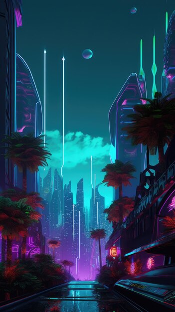 A neon city with a tree in the middle