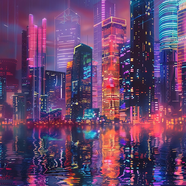 Neon cityscape background Ai generative