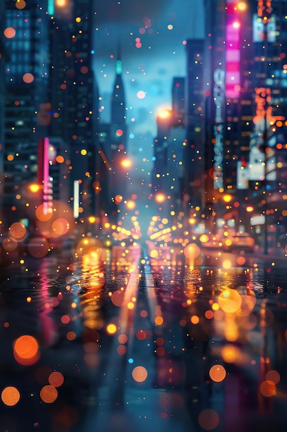 Neon Cityscape Blurred lights of a bustling city at night creating a bokeh effect with pops of color