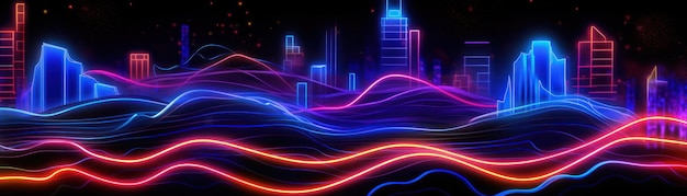 A neon cityscape with a city in the background