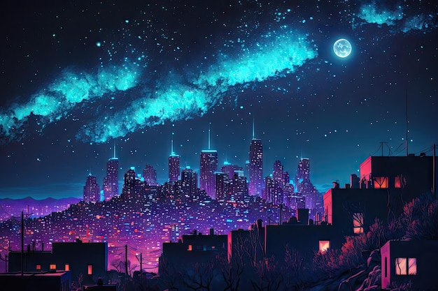 Neon cityscape with starry night sky providing a magical atmosphere