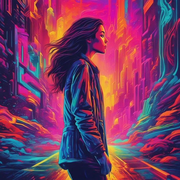 A neon cityscape woman portrait background art