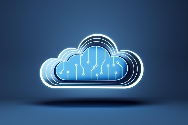 Neon Cloud Computing Icon op blauwe achtergrond 3D-rendering