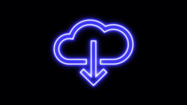 Photo neon cloud with downward arrow on black background