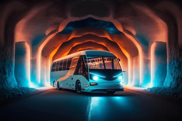Неоновый автобус или дальнемагистральный автобус для туристов проезжает по горным туннелям и дорогам Искусство, созданное нейронной сетью