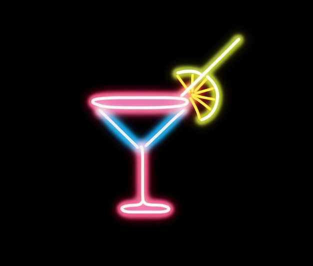 neon cocktail glass with a slice of lemon and a straw generative ai