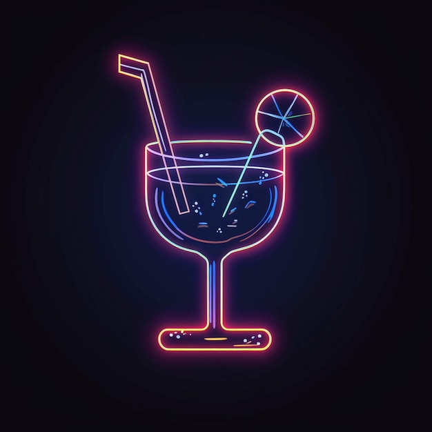 Неоновый коктейльный бокал с соломинкой и ломтиком лайма, генеративный ай