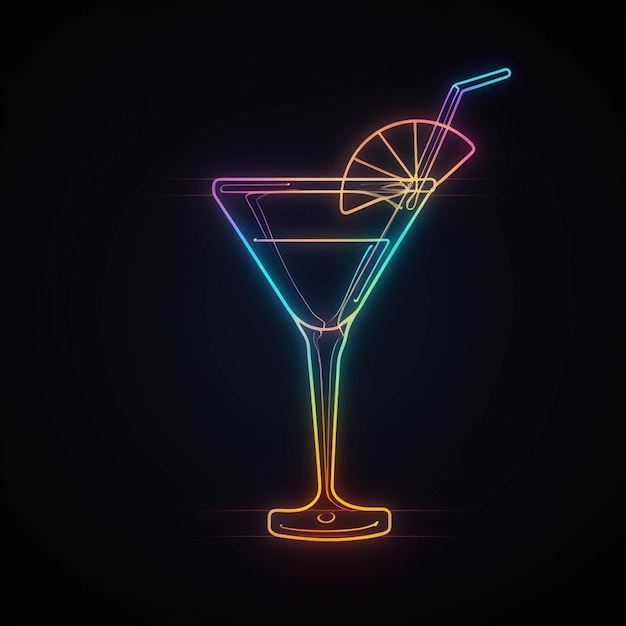 Neon cocktailglas met een schijfje citroen en een rietje generatieve ai