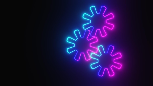 neon Cog wheels 3d rendering abstract background of colorful neon wavy line glowing in the dark