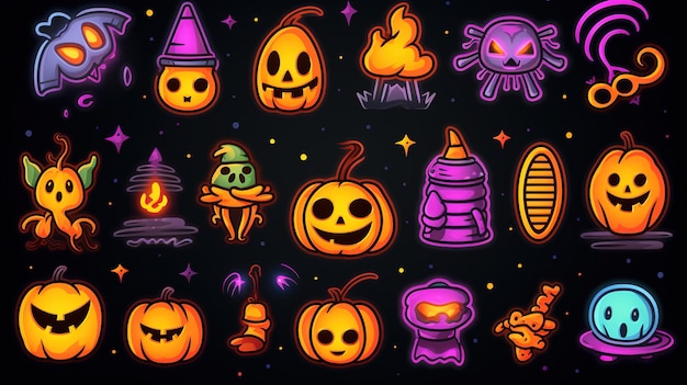 Photo neon collection of halloween symbols with icons generative ai