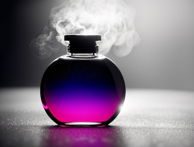 Foto bottiglia di profumo a colore neon in un ambiente buio con fumo