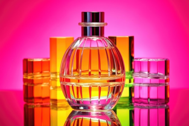A neon color perfume bottle on a matching colored background