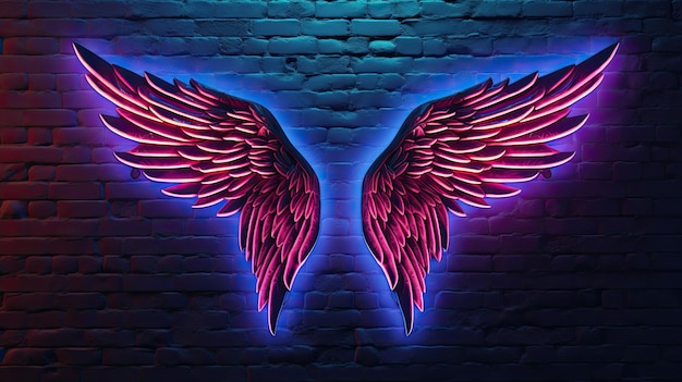 Photo neon colored angel wings on neon wall copy space background