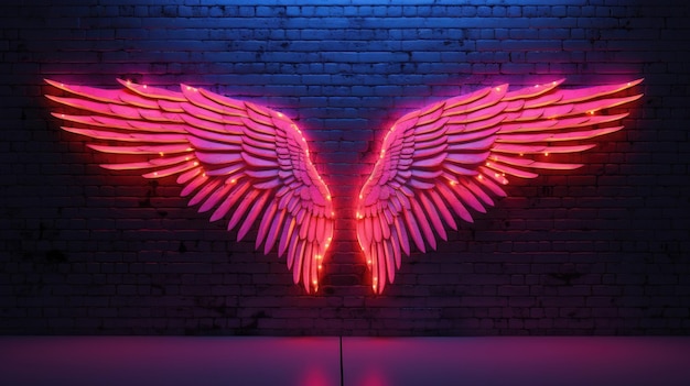 Photo neon colored angel wings on neon wall copy space background