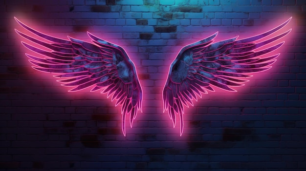 Неоновые цветные ангельские крылья на неоновой стене копируют космический фон