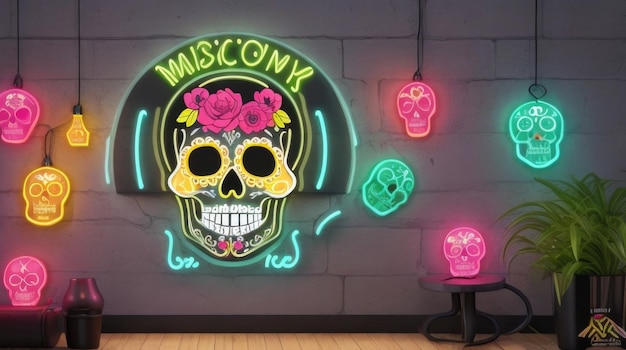 Photo neon colored skull with flowers for the celebration of the day of the dead space for copy