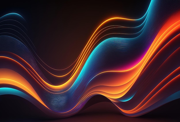 Neon colored waves on a dark background abstract glowing\
spectrum lines psychedelic aesthetic 3d rendering ai generated