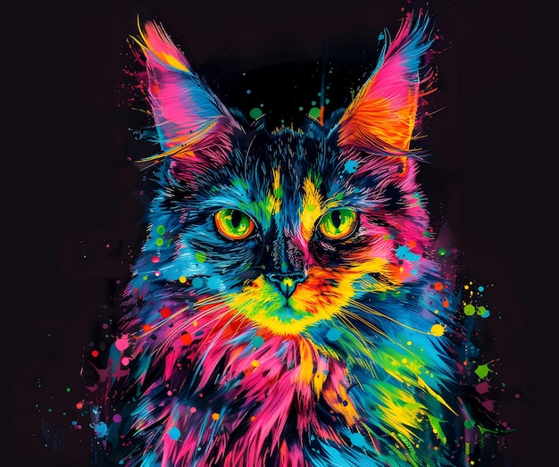 Neon colorful cat on a black background