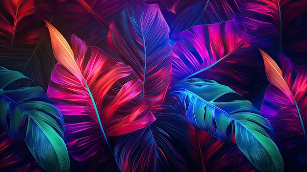 Neon colorful tropical leaves with neon frame