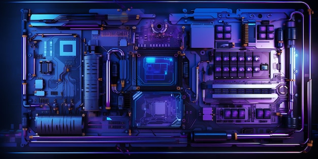 Foto dettagli interni del computer al neon sfondamento futuristico
