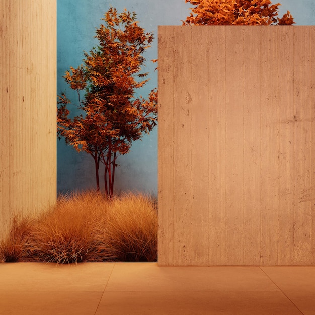 写真 ネオン コンクリート壁のモックアップを展示の空きスペースでクローズ アップ。木々の柔らかな夜の光