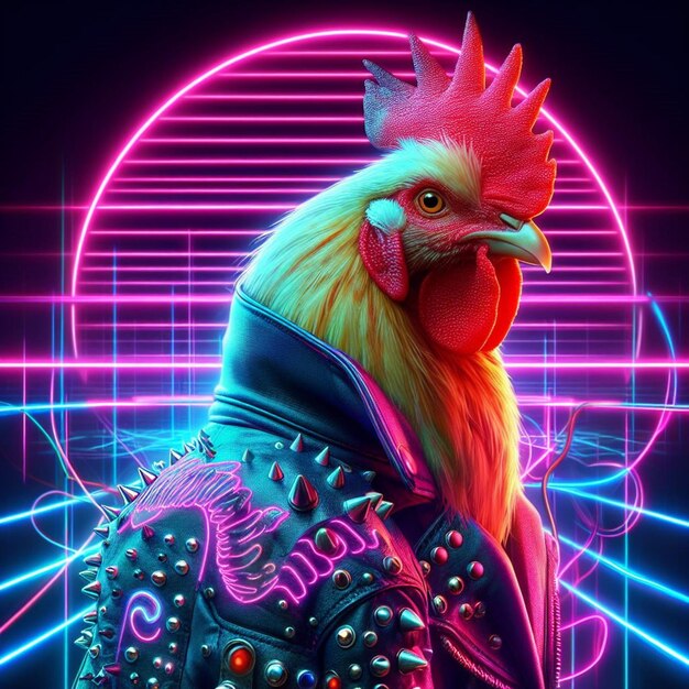 neon coop opstand een futuristische kip rocks een punk jas onder levendige kleurrijke lichten