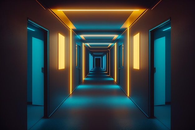 Photo neon corridor virtual reality glowing lamps in a dark corridor 3d backdround