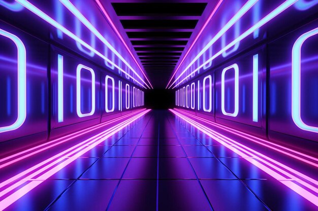 Photo neon corridor with blue and purple lines in perspective d rendering