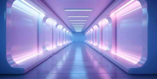 Neon corridor with white walls in the style of light violet