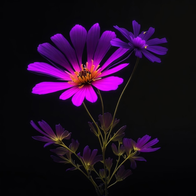 Neon cosmos flower illustration on black background