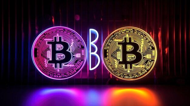 Neon cryptocurrency logos illuminated in a row against a dark background featuring Bitcoin