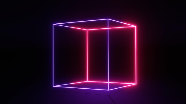 Photo neon cube frame. purple square magenta grid with magical glow 3d render in dark space. geometric portal with simple futuristic cross section and purple backlighting