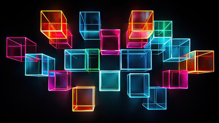 Neon cubes on black canvas top view