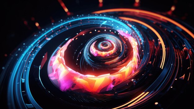Photo neon curves and spirals in the style of electronic music top view