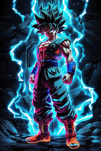 Neon cyan outline and black full body Goku super syain