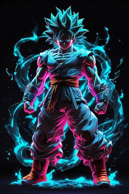 Neon cyan outline and black full body Goku super syain