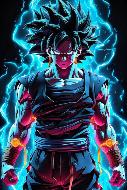 Neon cyan outline and black full body Goku super syain