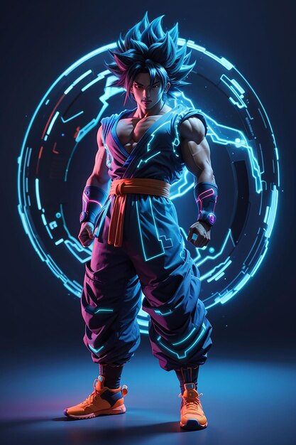 Photo neon cyan outline and black full body goku super syain