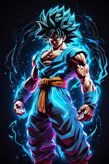 Neon cyan outline and black full body Goku super syain