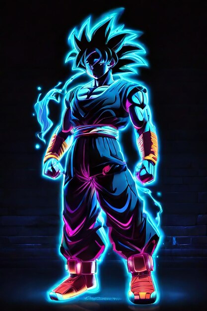 Neon cyan outline and black full body Goku super syain