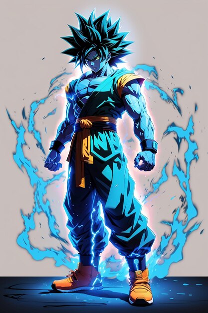 Neon cyan outline and black full body Goku super syain