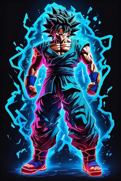 Neon cyan outline and black full body Goku super syain