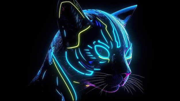 Neon cyber cat on a dark background