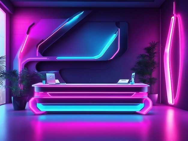 Neon cyber futuristic themed lighting reception area as mockup wide banner with copy space ai