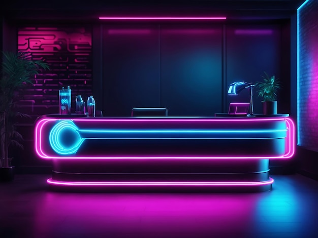 Neon cyber futuristic themed lighting reception area as mockup wide banner with copy space Ai