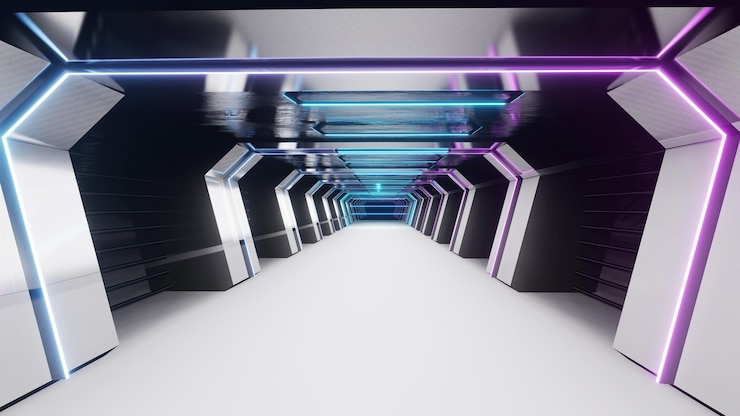 Photo neon cyber lab tunnel red blue lights sci fi futuristic cement concrete corridor