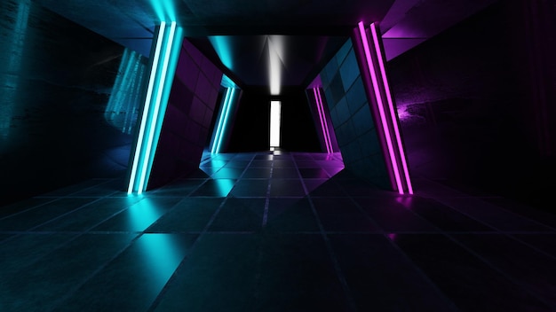 Neon Cyber Lab Tunnel Red Blue Lights Научная Фантастика Футуристический Цемент Бетон